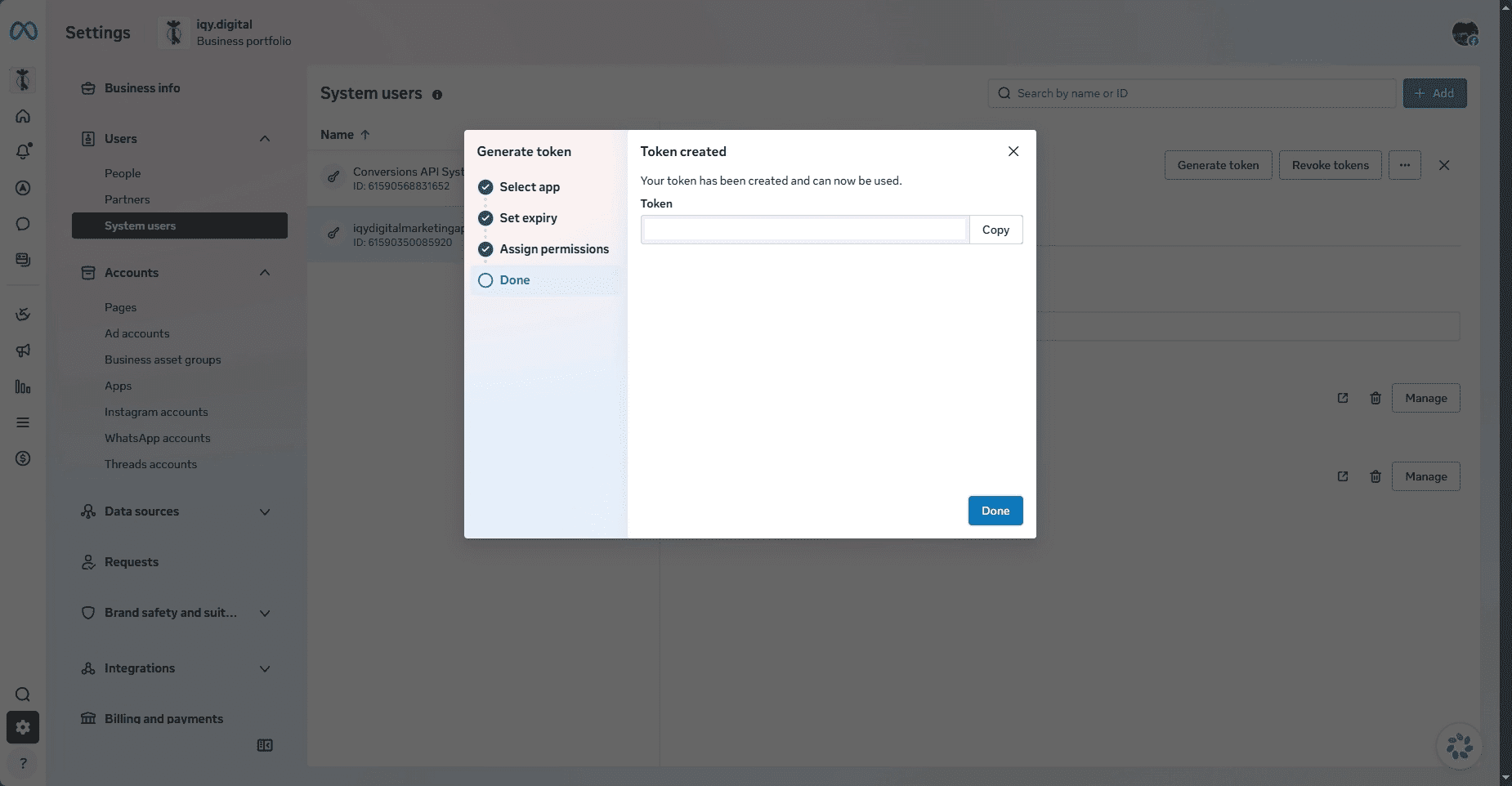 Meta Business Suite Systems Users Tokens